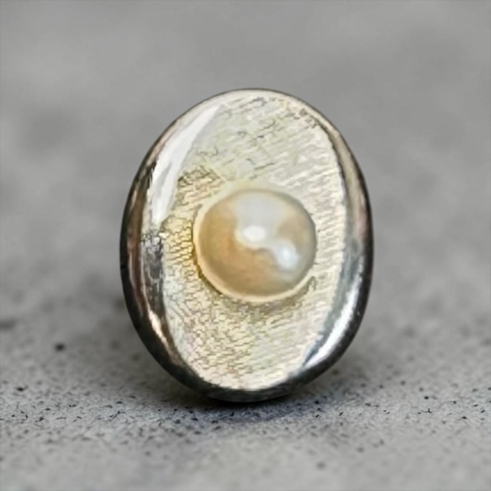 Vintage Swank Tie Tac Mens Silver Tone‎ Faux Pearl Oval Textured Pin